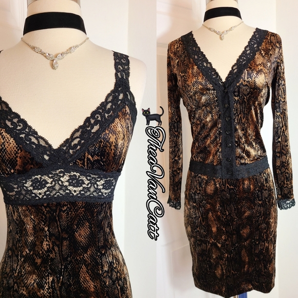 Betsey Johnson Dresses & Skirts - Betsey Johnson SET stretch VELVET & lace snake print dress & button up cardigan!